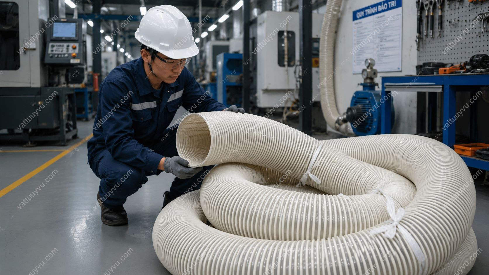 Kỹ sư bảo trì kiểm tra hệ thống ống hút bụi gân nhựa trong xưởng cơ khí