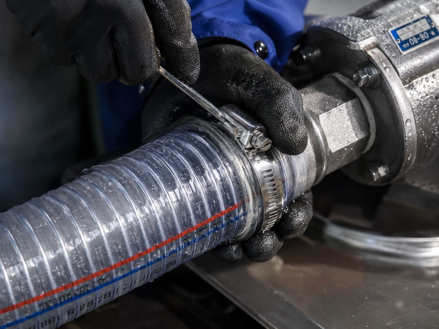 Lắp đặt đai xiết inox cho đầu nối ống nhựa lõi thép xoắn