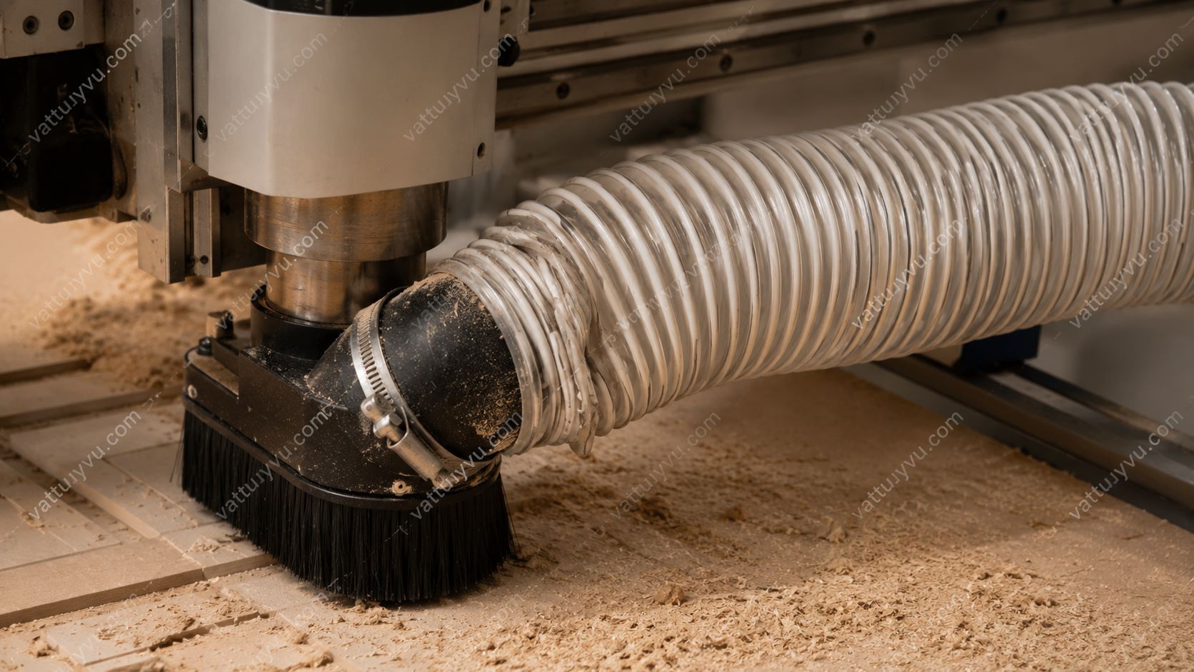 Đoạn ống hút bụi gân nhựa bị mài mòn và xẹp tại điểm kết nối máy CNC